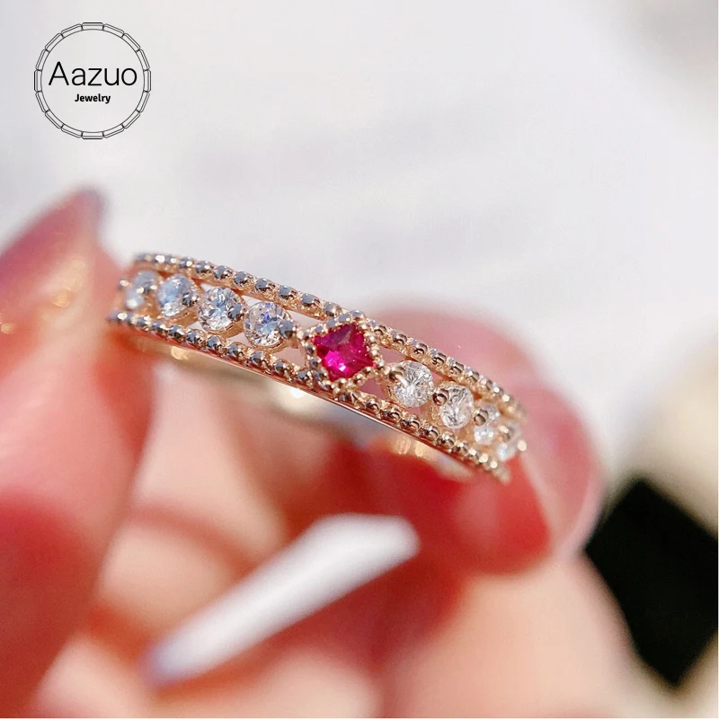 Aazuo 18K Solid Rose Gold Natural SquareRuby Real Diamonds H SI Classic Fairy Ring For Women&Ladies Engagement Party