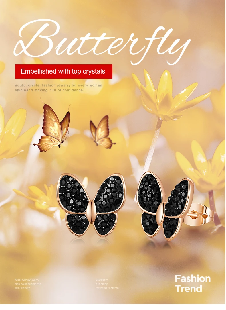 Cdyle минималистичные модные ювелирные изделия женские серьги золотые бабочки насекомые серьги гвоздики с сияющими черные кристаллы