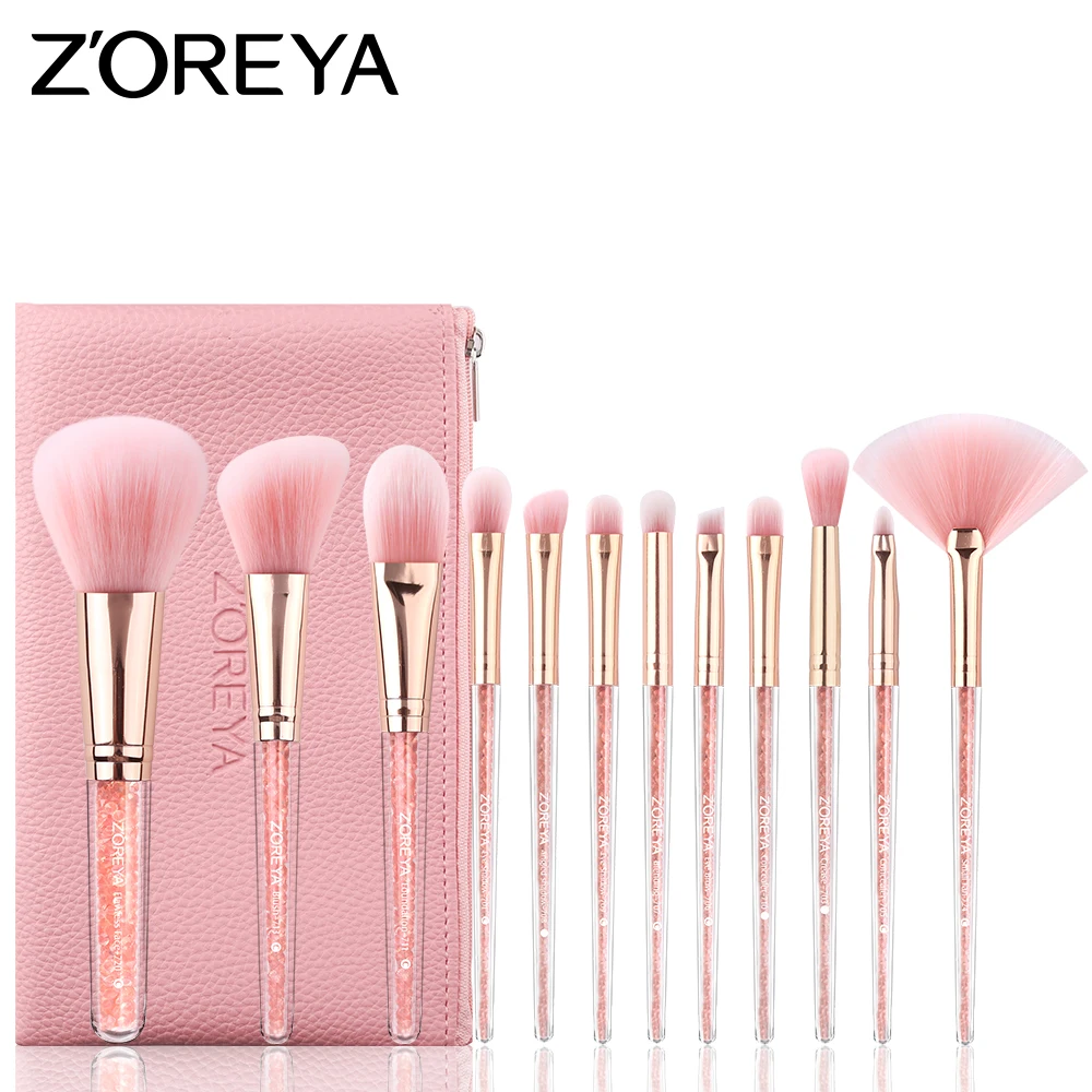 ZOREYA Make Up Brushes 10/12pcs Diamond Makeup Brush Set With Pink PU