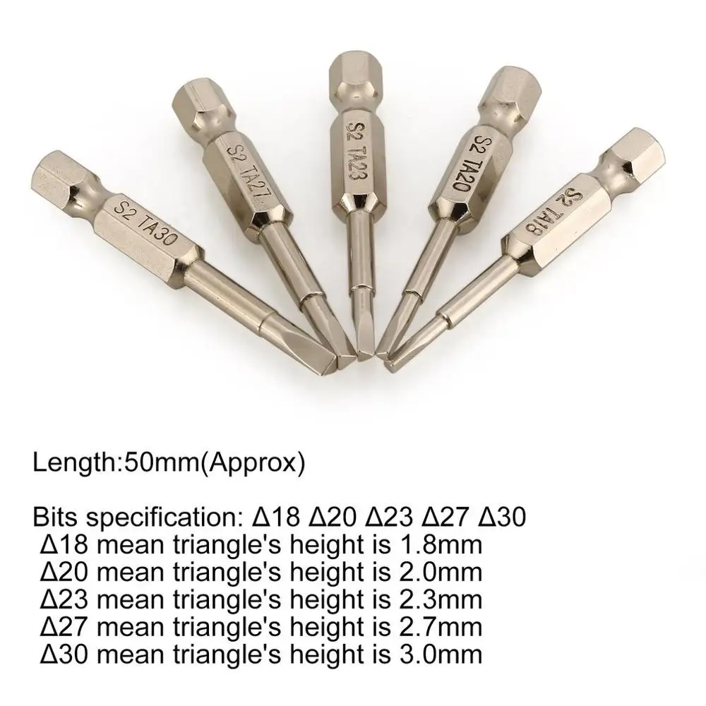 5 PCS S2 Steel Magnetic Triangle Head Screwdriver Bits 50mm 1/4 Hex Shank Nozzle Pneumatic Screwdriver Electric Head