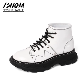 

ISNOM New Patent Leather Ankle Boots Women Cool Flat Booties Cross Tied Platform Summer Winter Boot Soft Wedge Shoes Woman