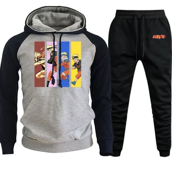 

Uzumaki Naruto Cartoon Printed Sportswear Autumn 2019 Mens Hoodie Raglan Suit Casual Pullover Fleece Hooded+Pants 2 Piece Set