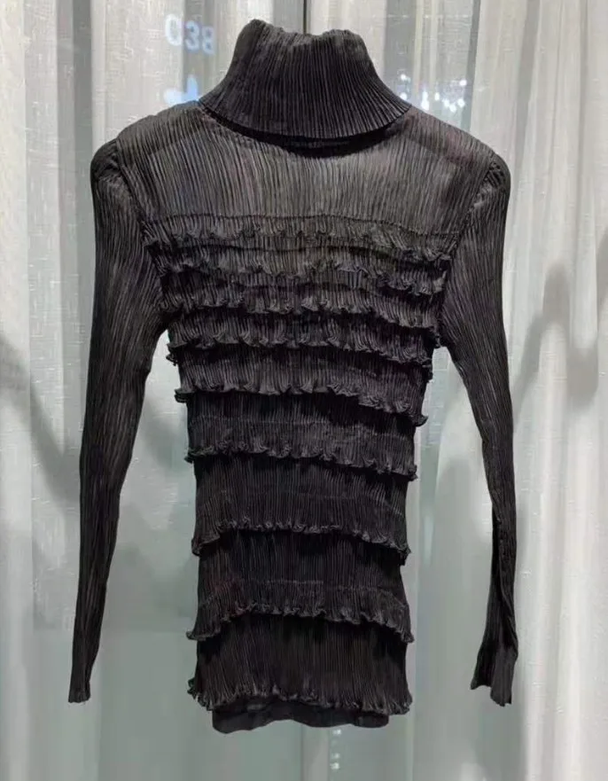 Горячая Miyake fold длинный рукав ремонт водолазка Твердые оборки тонкая футболка - Цвет: Темно-серый