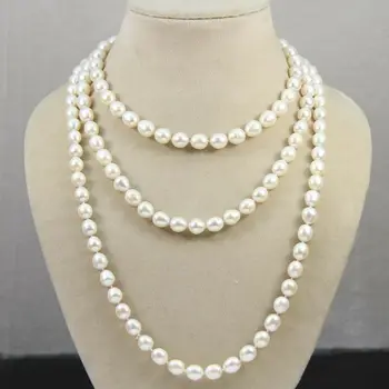 

NEW long Single Genuine Natural white oval freshwater 9-10mm pearl necklace 50"