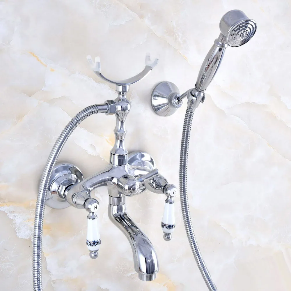 

Silver Chrome Brass Wall Mounted Bathroom Bath Tub Faucet Set WITH/ 150CM Handheld Shower Spray Head Mixer Tap Dna752