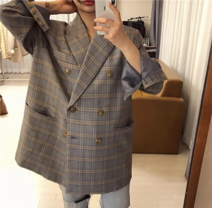 

South Korea Spring New Style Blue Large Grid Double Breasted Loose-Fit Casual Suit Jacket