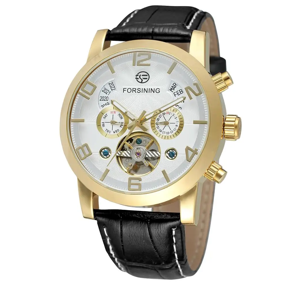 Forsining Tourbillon Мода волна черный золотой часы многофункциональный дисплей Мужские автоматические механические часы лучший бренд класса люкс - Цвет: gold white