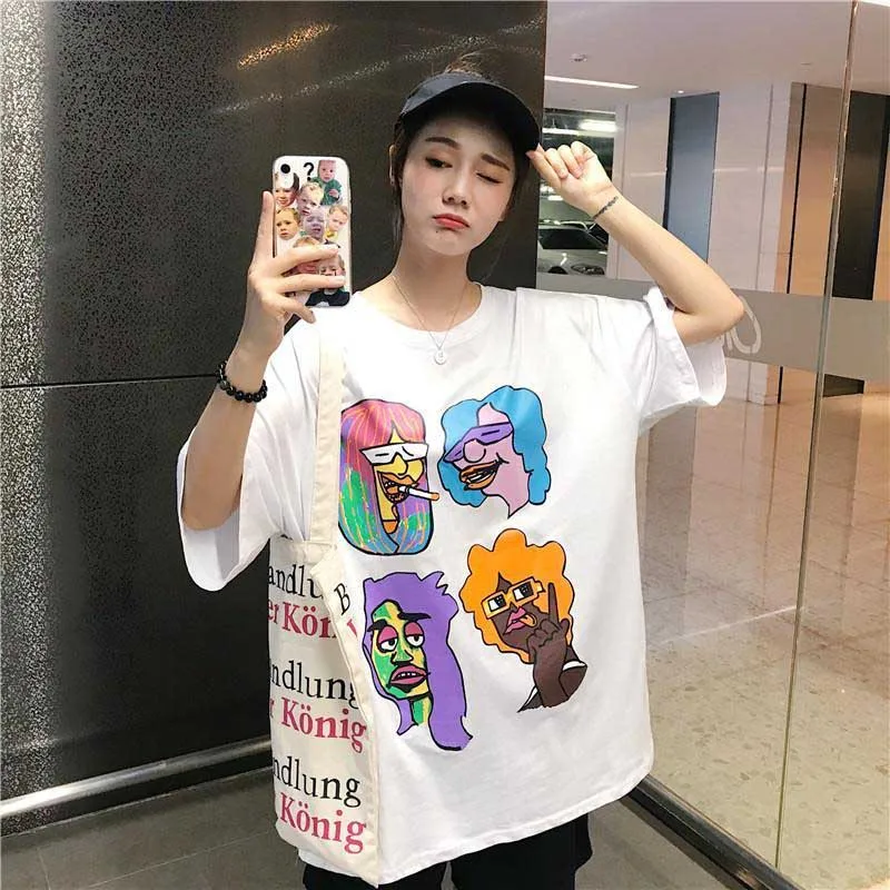 NiceMix 2020 Summer New Fashion Characters Cartoon Pattern Printing Half Sleeve Round Neck Short-sleeved T-shirt Women | Женская одежда