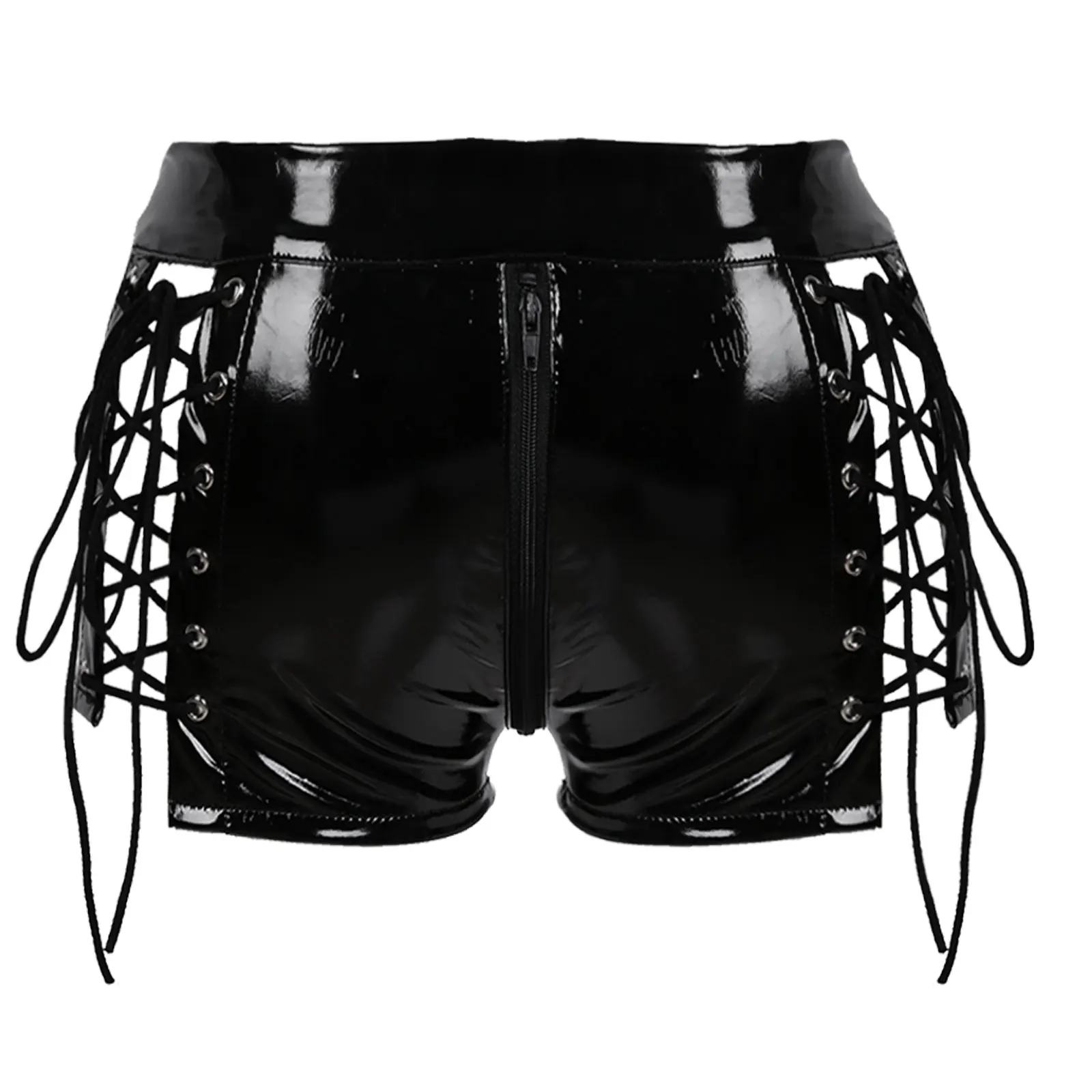 Womens Rave Shorts Wet Look Patent Leather Low Rise Hollow Out Lace-up Double-ended Zipper Crotch Booty Shorts Mini Hot Pants