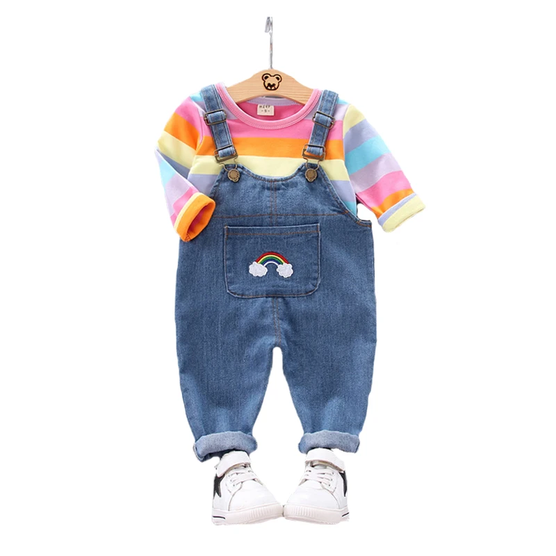

Rainbow Baby Girls Clothing Set Spring Stripe Shirt + Overalls Jeans Suit For Kids Birthday Present Toddler Children Clothes