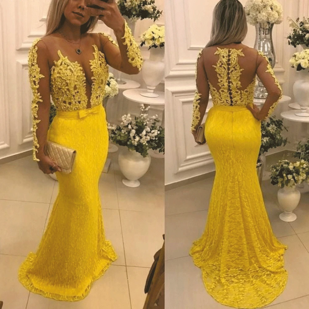 SuperKimJo халат Soiree Кружева Аппликация Желтые Вечерние платья с длинным рукавом бисером Русалка Элегантное Вечернее Платье Vestido Noche