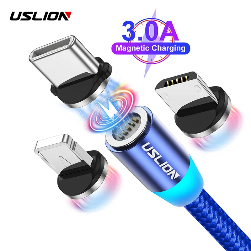 Магнитный кабель USLION USB Type-C Micro для iPhone 11 12 Xiaomi 2 м 3 А со светодиодной подсветкой