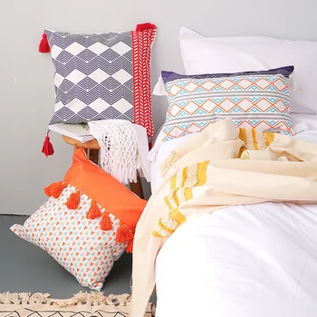 

Moroccan Ethnic Style Abstract Zigzag Beige Orange Pillowcase Tassels Fringe Square Rectangle Decorative Pillow Cover Home Decor
