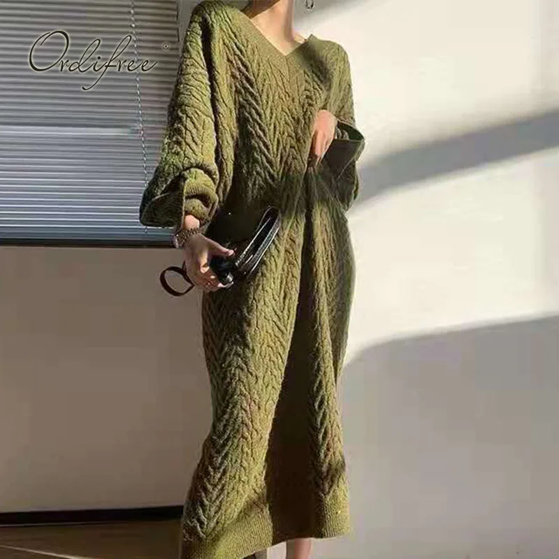 

Ordifree 2022 Autumn Winter Women Knitted Dress Long Sleeve Loose Casual Long Sweater Dress