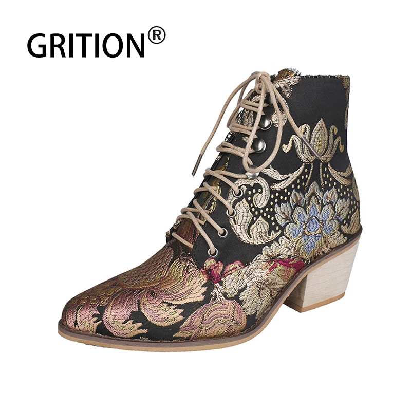 

GRITION Women Martens Embroidery Boots High Thick Heel Pointed Toe Autumn Winter Retro Ankle Boots Large Size Female Shoes 2019