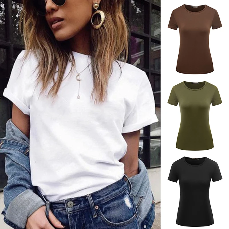 

High Quality Short Sleeve S-XXL T Shirt Solid Female Popular Elastic 1PC 6 Color Tops Hot Sale Women Casual Basic Plain