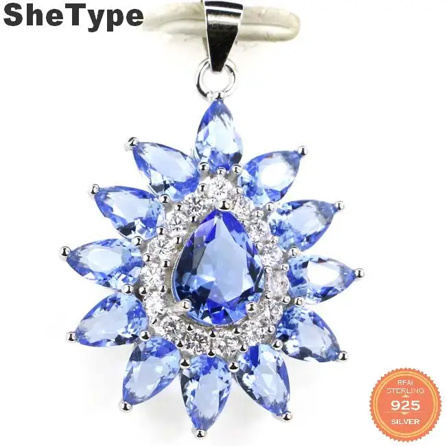 

34x25mm Elegant 3.3g Created Violet Tanzanite Citrine Pink Kunzite Drop Shape Natural CZ 925 Solid Sterling Silver Pendant
