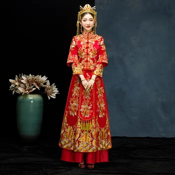

Red Bride Dress Wedding Dress Retro Dress Chinese Cheongsam Dress High Quality Embroidery Peacock Long Section Oversize 3XL