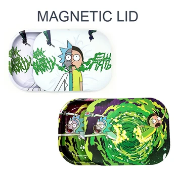 

Metal Rolling Tray Magnetic Lid Weed Cigarette Paper Roller Herb Tobacco Leakproof Smoke Tray Plate Cover Set rick and morty