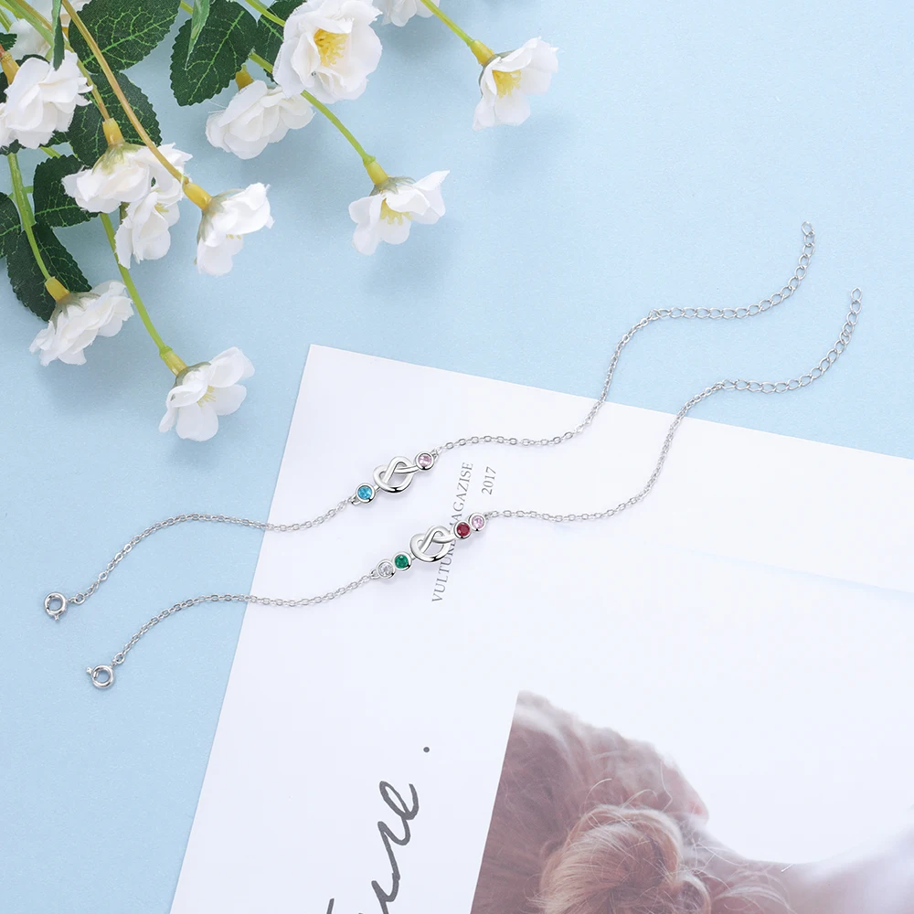 

JewelOra Personalized Heart Knot Bracelet with 2-4 Birthstones Custom Adjustable Chain Charm Bracelets for Women Birthday Gifts