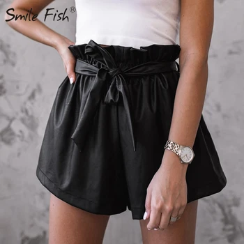 

PU Leather Loose Shorts Women Sashes Tulip High Waist Casual Wide Leg Short Female Solid Black Punk Streetwear Bottoms G1480