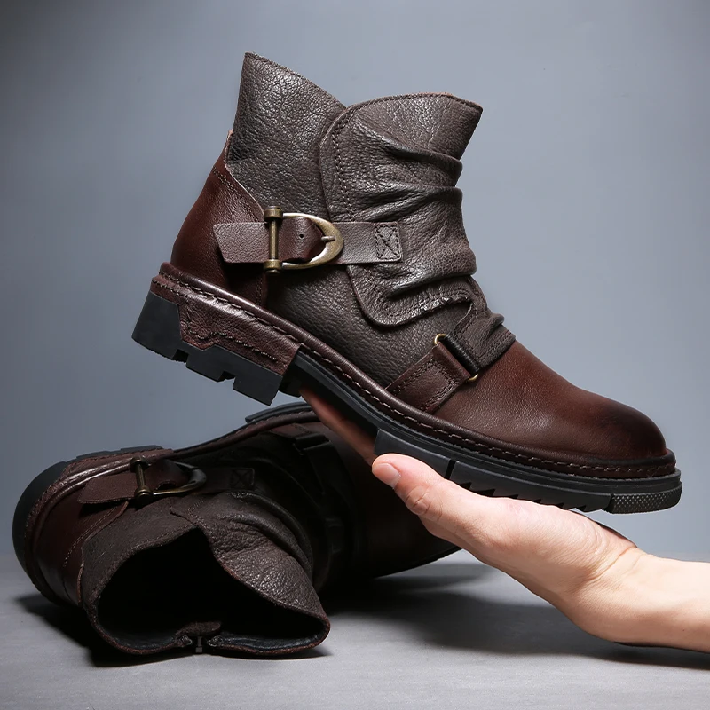 Chelsea-Boots Monk-Strap Men Shoes Retro Designer Mens Waterproof 100%Genuine-Leather