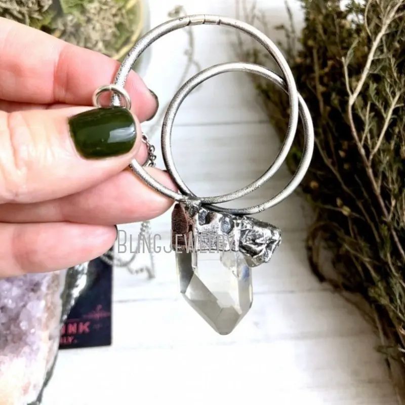 

NM40016 Raw Crystal Necklace Clear Quartz In Silver Bohemian Jewelry Gift For Her Gypsy Gothic Hoop