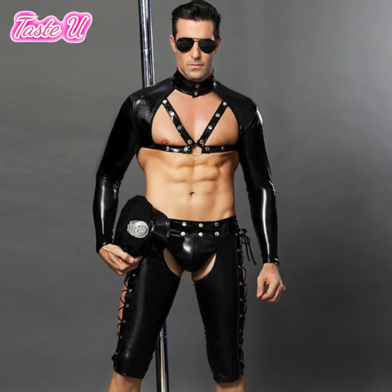 

Mens Sexy Police Roleplay Uniform Nightclub Motorcycle Costume Patent Leather U Convex Homosexual Lingerie American Clothing