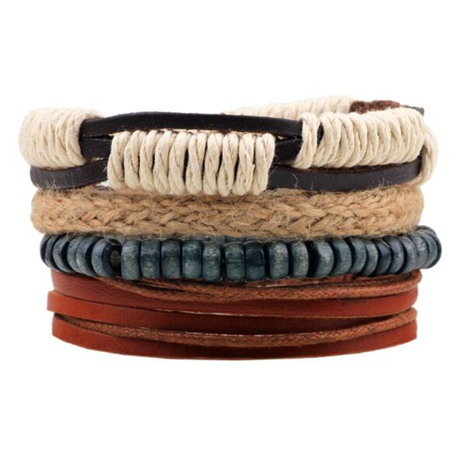 Stone Men Bracelet Multi-layer Handmade Weaved Punk Leather Rope Chain Stainless Steel Bangle Male Jewelry Gifts