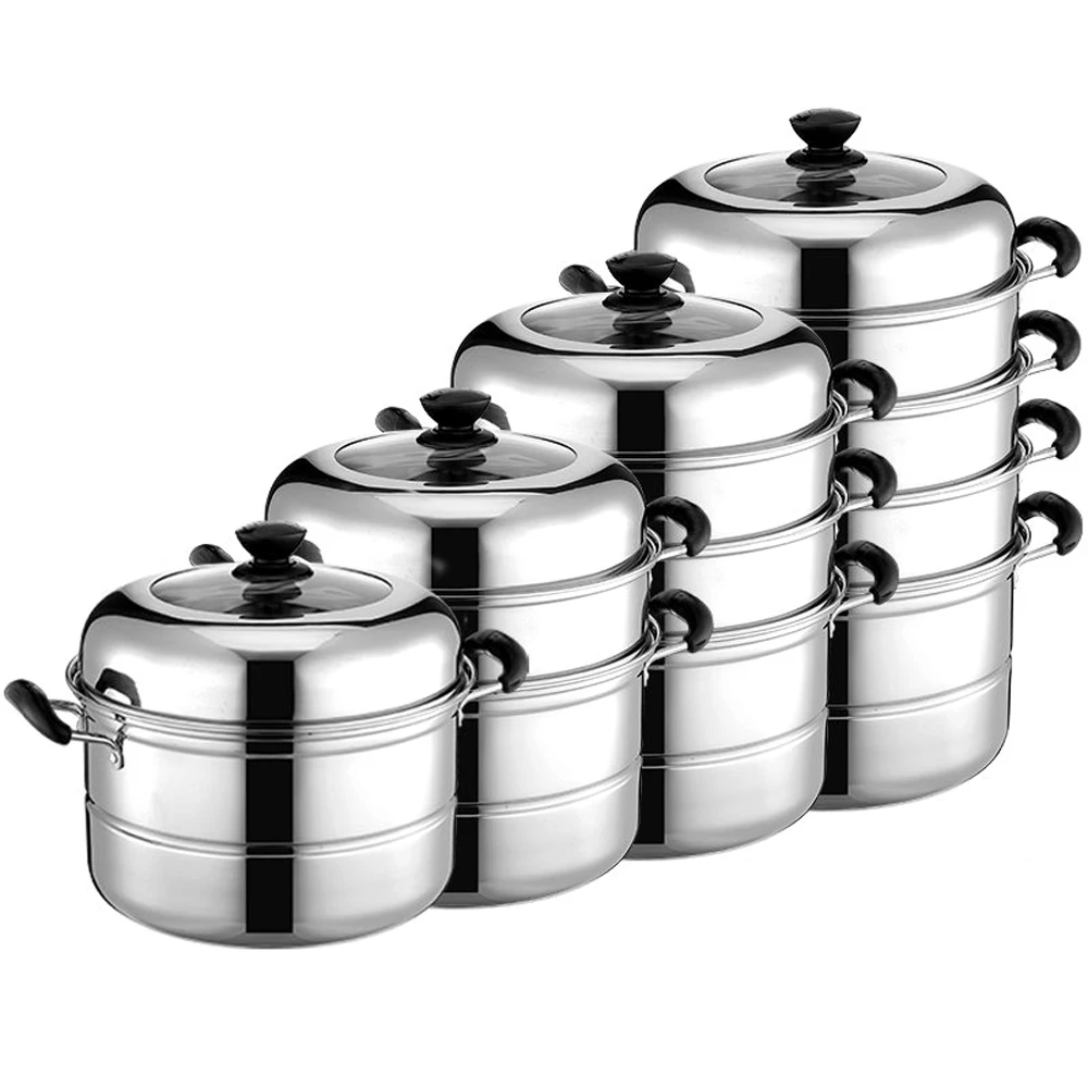 

double boilers Steamer Pot Multi-function Stainless Steel Cookware Steaming Pot Double Boiler Three-layer Steam Soup Pot 28-34cm