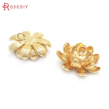 

(37714)6PCS Diameter 18MM Height 6MM 24K Gold Color Brass Lotus Charms Pendants Jewelry Making Supplies Diy Findings Accessories