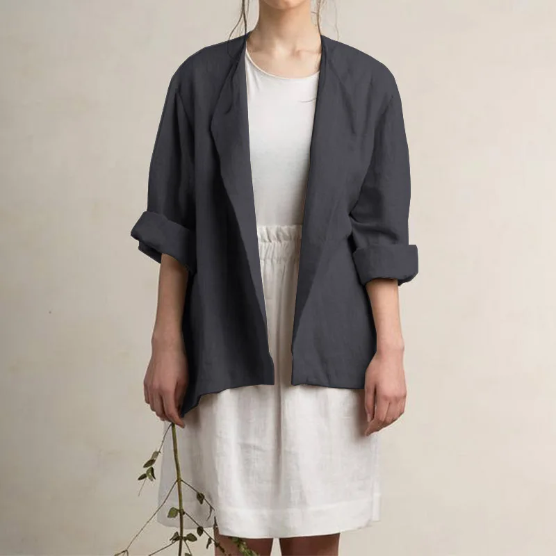 Темно-серый Женский блейзер ZANZEA, большие размеры, женские повседневные хлопковые блейзеры, осенние пальто с длинными рукавами, куртки, Осенний износоустойчивый фланелевый блейзер Feminino - Цвет: Темно-серый