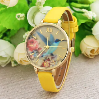 

Women Leather Band Blue Hummingbird Analog Quartz Movement Ladies Wrist Watch For Female Clock Feminino