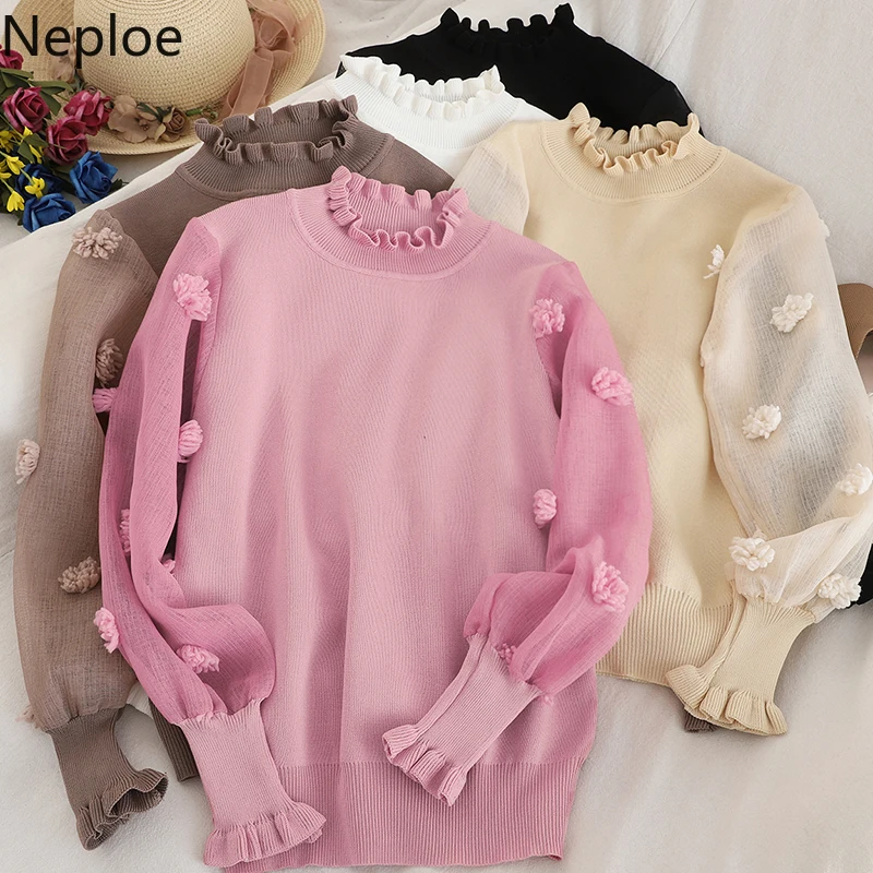 Neploe Женский пуловер трикотажный корейский милый 3D свитер с цветами перспективный марлевый фонарь длинный рукав пэчворк тонкий джемпер 55875
