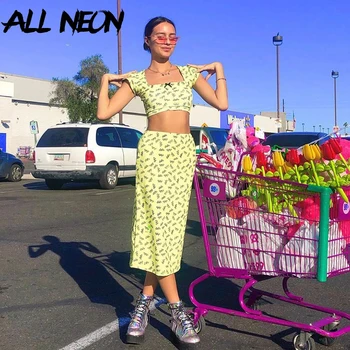 

ALLNeon Sweet Butterfly Graphic Crop Top and Midi Skirt 2 Piece Suit E-girl Summer Square Collar Short Sleeve Lady Matching Set