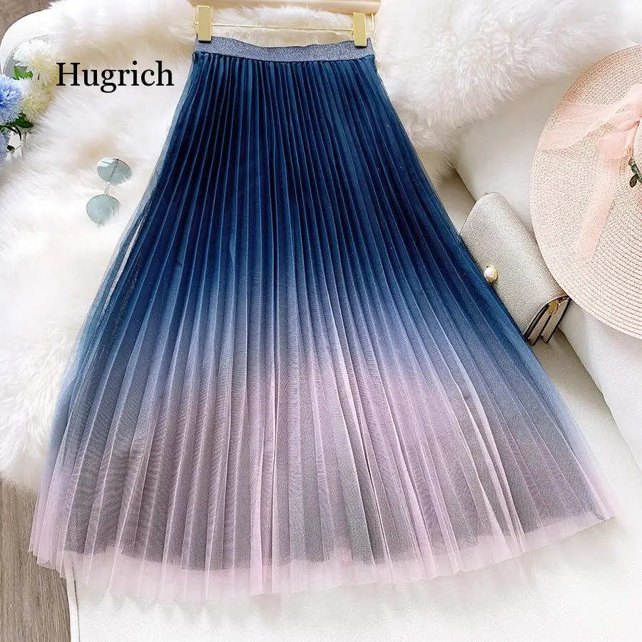 

Starry Sky Gradient Mesh Female 2020 Spring High Waist Tulle Pleated Skirt Fairythin A-Line Skirt Streetwear
