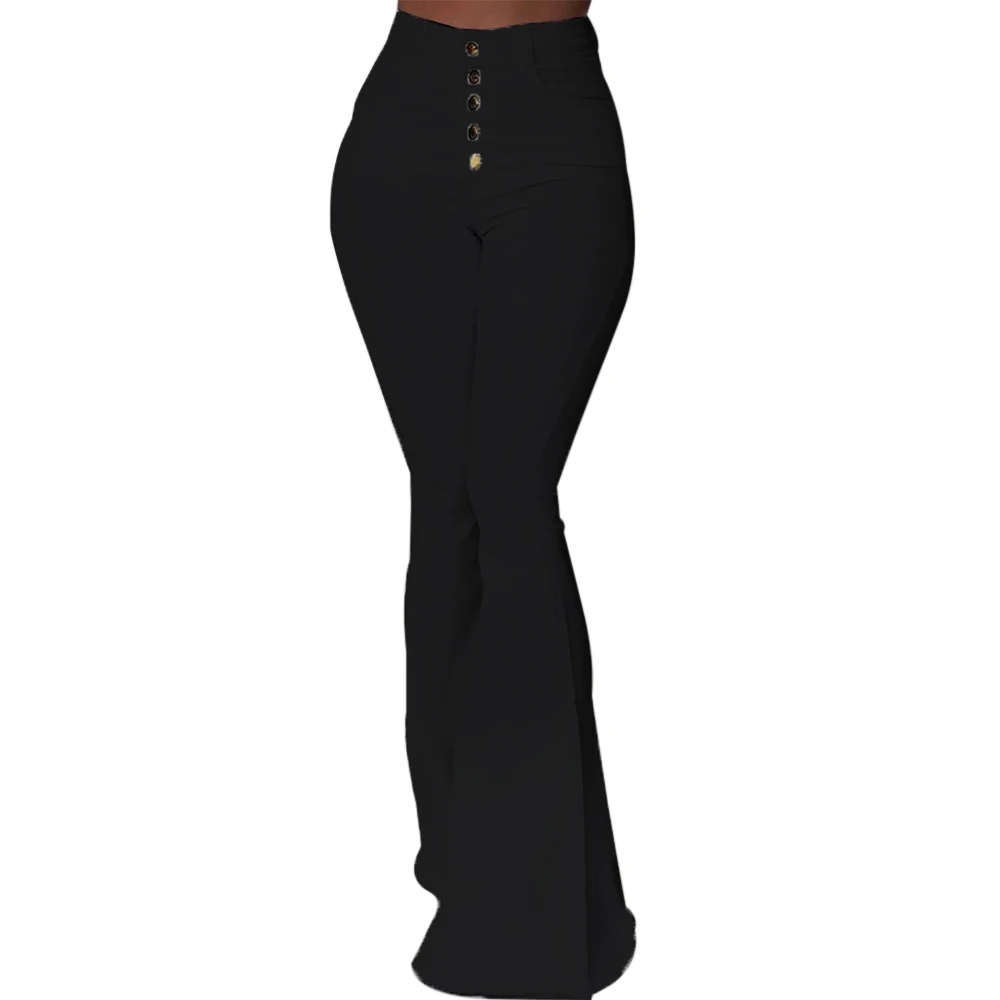 black SFIT Bell-Bottom Pants Women Button High Waist Flare Pants New Trousers Slim Casual Solid Work Wear Pantalon Femme - Цвет: black
