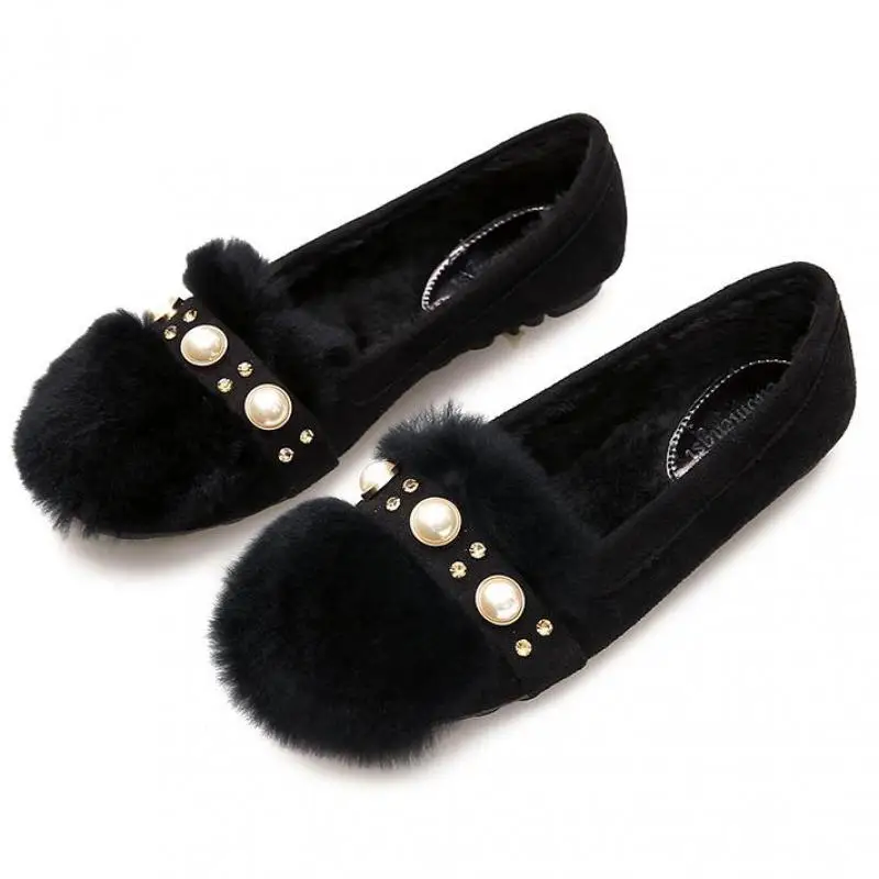 

Fur Warm Women Flats Shoes Plush Loafers Pearl Round Toe Genuine Leather Wool Lady Moccasins Large Size Autumn Winter Footwear