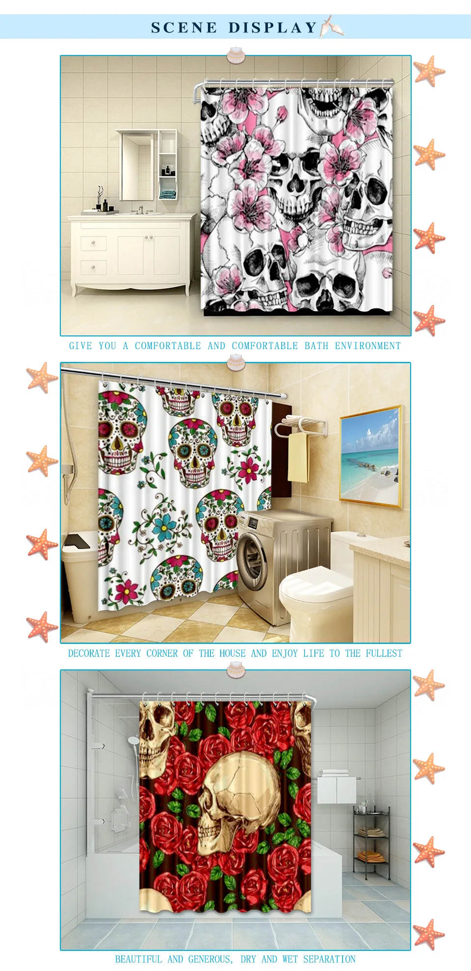 Nyaa Skull Shower Curtains 3D Printing Flowers Waterproof Polyester Fabric Bathroom Curtains For Home Decor