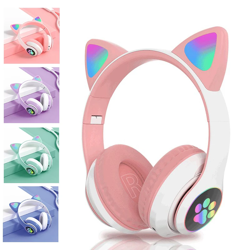 Pink Cat Ears Earphones Music Stereo Wireless Headphones Noise Cancelling Compatible With Mic Children Gamer Headset Gifts | Электроника