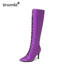Г. Зимние Роскошные женские дизайнерские фиолетовые сапоги до бедра на шнуровке Бежевые сапоги до колена на меху экзотическая танцевальная обувь, большие размеры