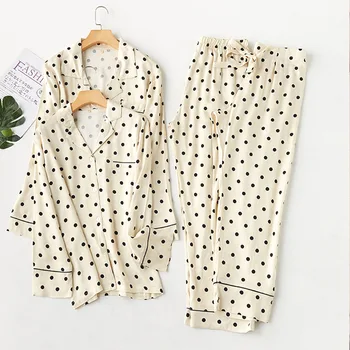 

Black Dot Printed Women's Pajamas Sleep Suit 2 Pieces Turn-down Collar Pajamas Set Cotton Summer Female Sleepwear Button Pijama