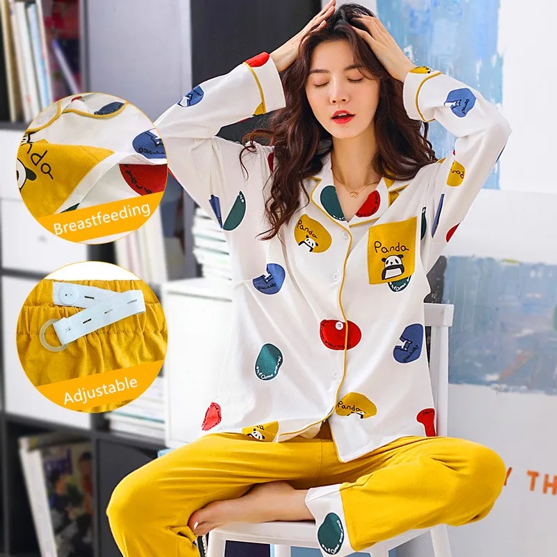 100% Хлопковая пижама для беременных весенне-осенняя с длинным рукавом ночная