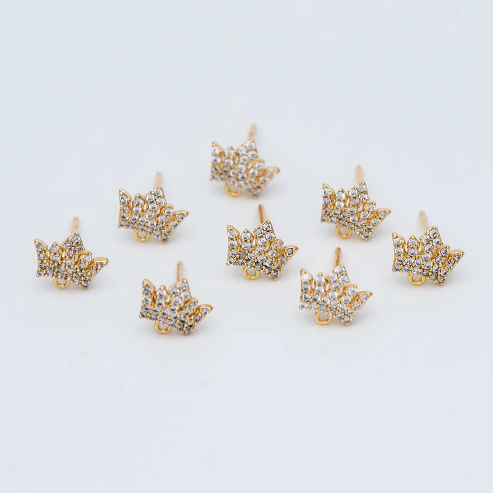 10 шт инкрустированный цирконами Корона гвоздики для ушей 8 мм с петлями, золотые серьги из латуни(# GB-733