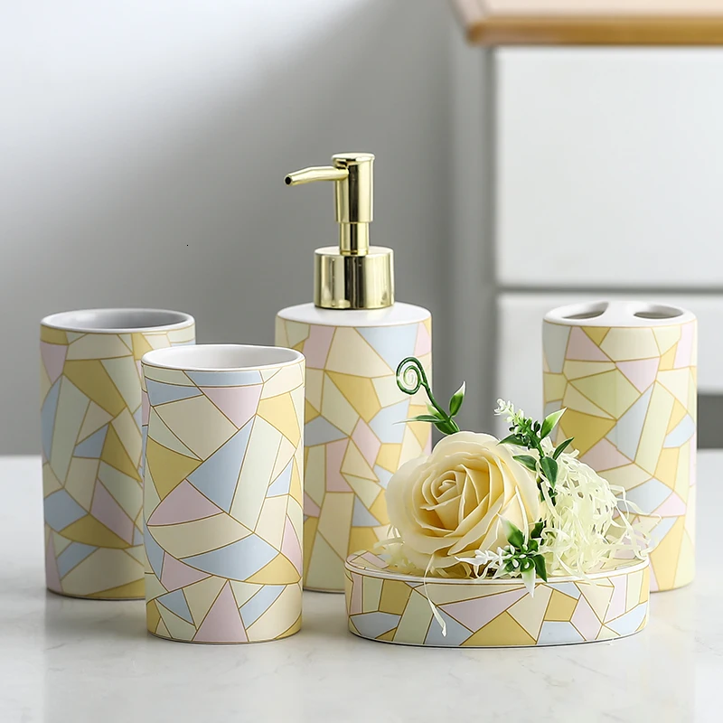 Европейский керамический набор для мытья 5 шт.+ Меламиновый поднос, простые Товары для ванной комнаты, набор для украшения, набор для мытья пар - Цвет: 5 piece