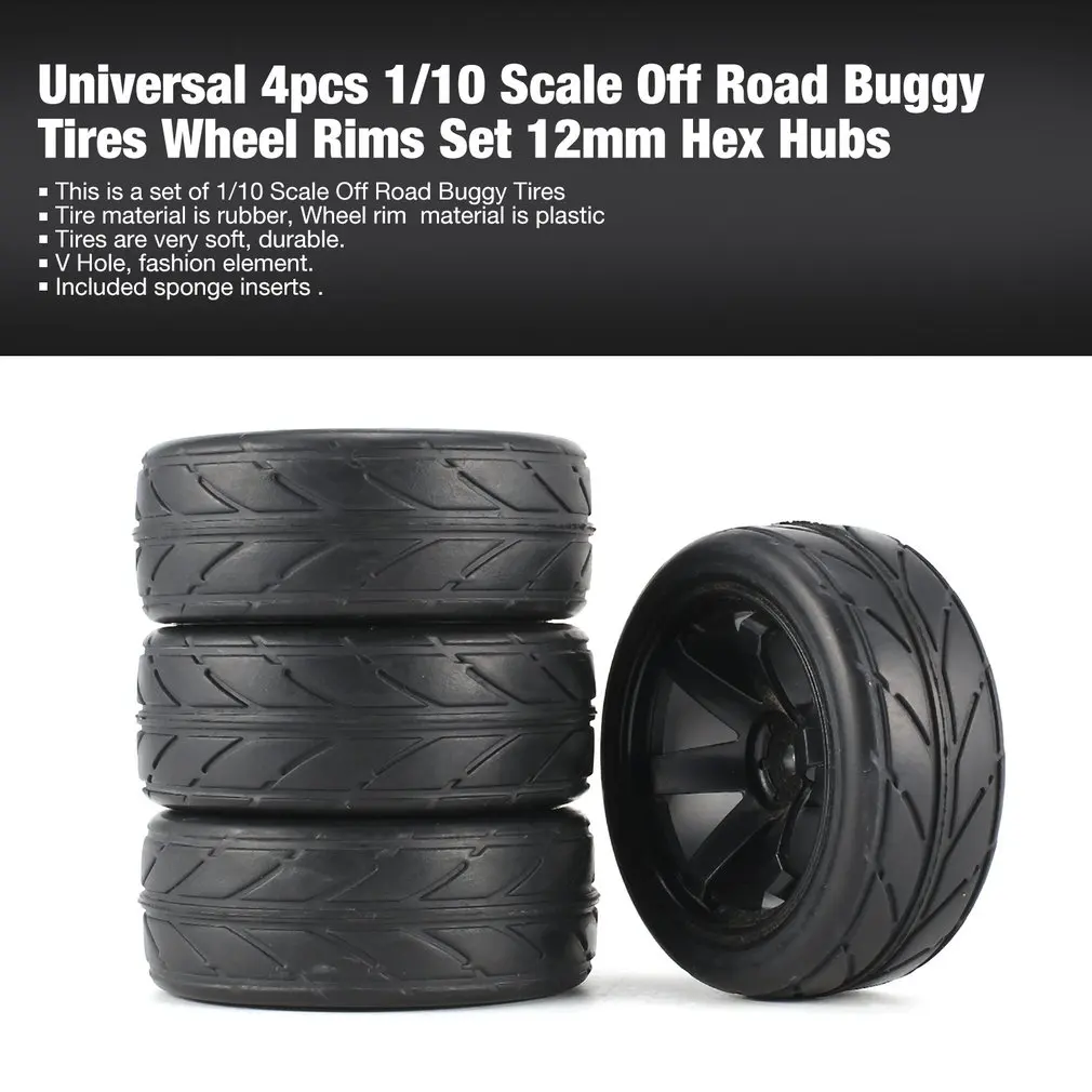 

Universal 4pcs 1/10 Scale Off Road Buggy Tires 5/6/20 Holes Star Wheel Rims Set Front and Rear 12mm Hex Hubs with Foam Inserts