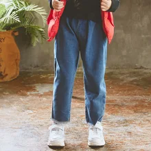 Новинка года; Весенняя детская одежда; стиль; Свободные повседневные джинсы-шаровары в Корейском стиле со средней талией