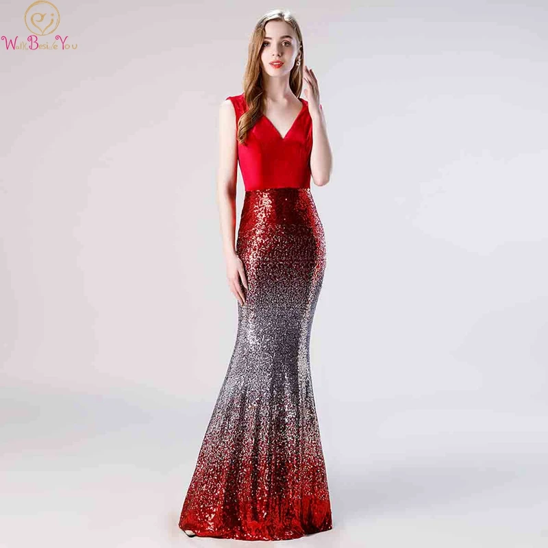 

Sleeveless V Neck Mermaid Gradient Red Evening Dresses 2019 V Neck Sequin Elegant Formal Gowns Floor Length Backless Party Dress
