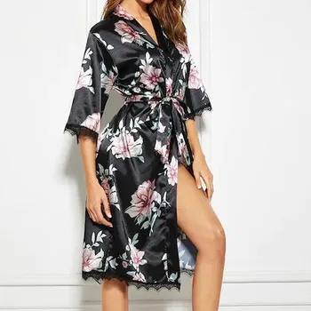 

Rose Printed Sexy Lace Trim Robes Loose Half Sleeve Lace-up Bathrobe Home Wear Women Robe Nightgown Sexy Lingerie