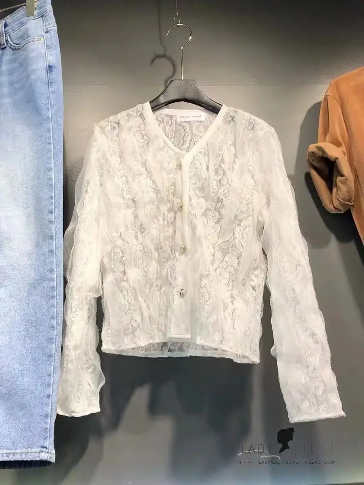 

Fall Shirt New Style Women Fashion V-neck Single-breasted Hollow Lace Cardigan Jacket V-Neck Black Shirts Women